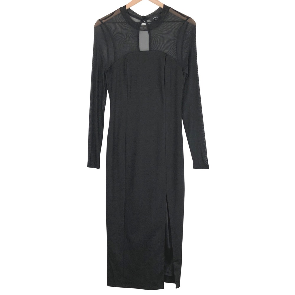 VICI Sheer Top Long Sleeve Midi Dress Sz S Black Keyhole Back Front Slit Formal